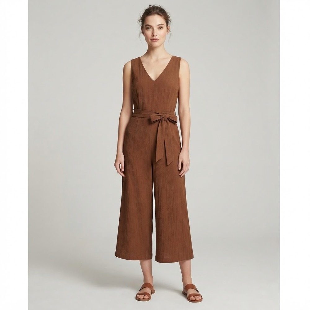 Calvin Klein Brown Wide Leg Jumpsuit Sleeveless V-Neck Belted Size 8 Fall